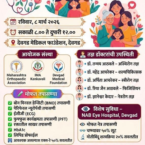आंतरराष्ट्रीय महिला दिनानिमित्त देवगड येथे मोफत आरोग्य तपासणी शिबिराचे आयोजन
