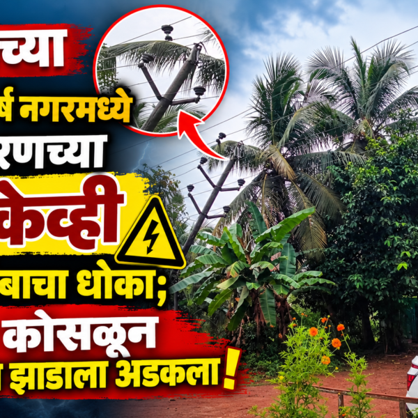 कुडाळच्या पिंगुळी उत्कर्ष नगरमध्ये महावितरणच्या ३३ केव्ही विद्युत खांबाचा धोका; खांब कोसळून नारळाच्या झाडाला अडकला!